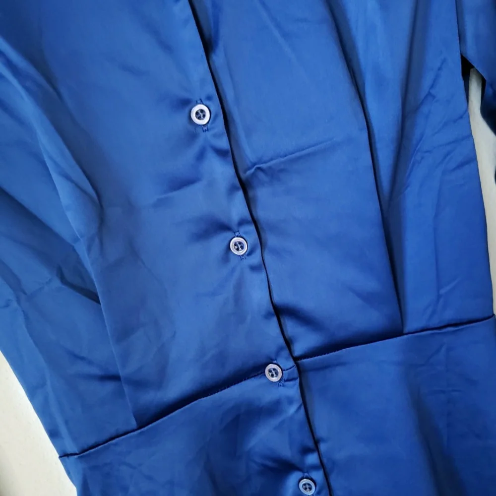 Sapphire Blue Long Sleeve Button Down Satin Effect Mini Dress - Picture 8 of 16